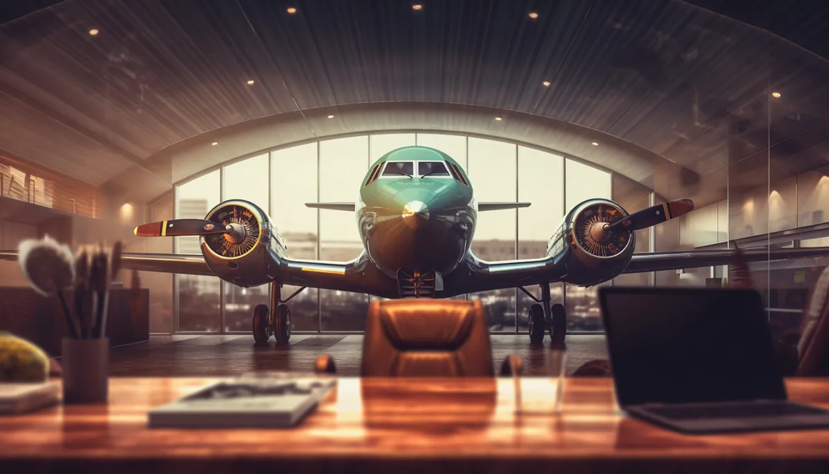 Twin-engine aircraft parked inside a hangar beside an operations desk — Flight training organisation case study