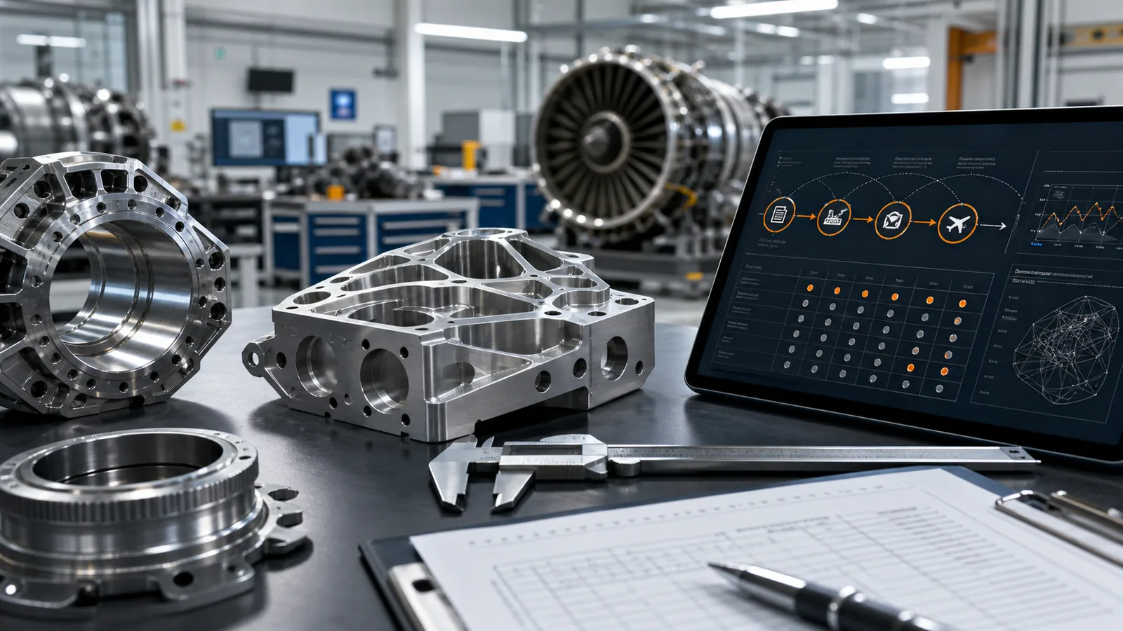 AI-generated aerospace manufacturing workbench with precision-machined aircraft components and digital marketing analytics dashboard