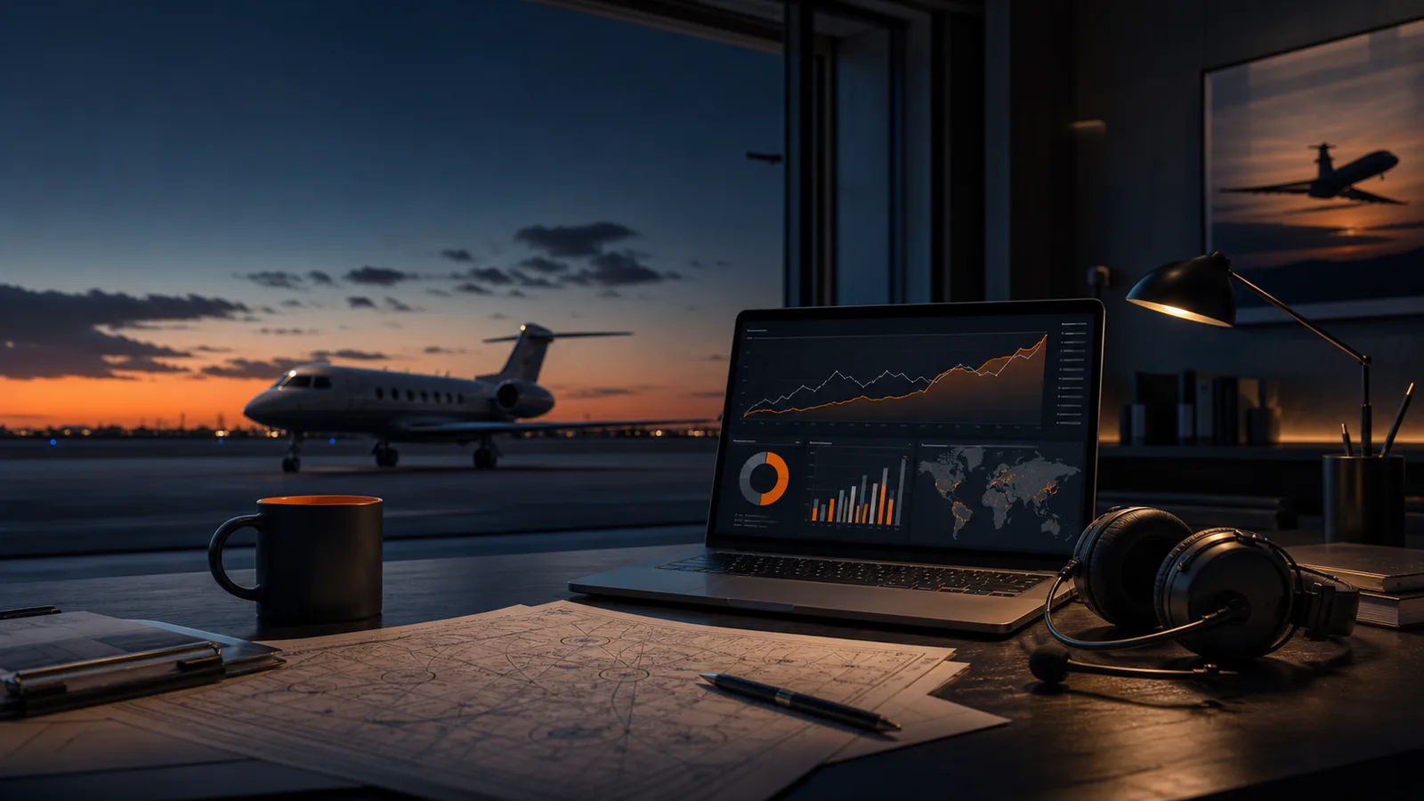 AI-generated aviation marketing strategy workspace with aircraft route maps, sector pages, and search data
