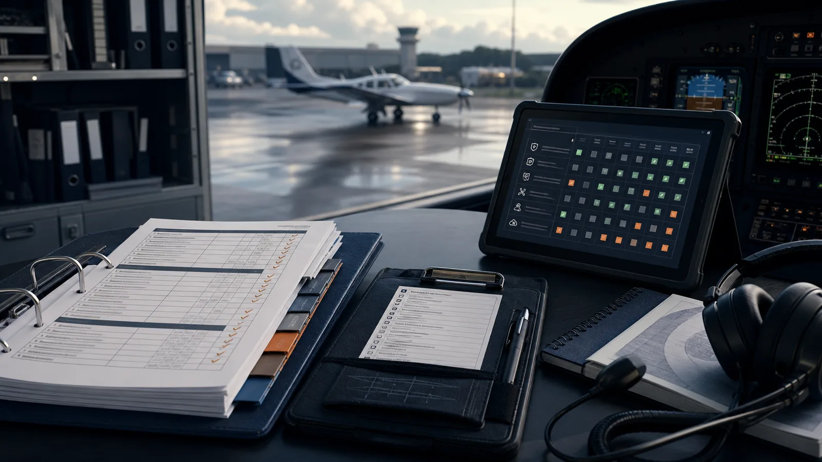 AI-generated aviation compliance strategy desk with global regulatory notes and aircraft documents