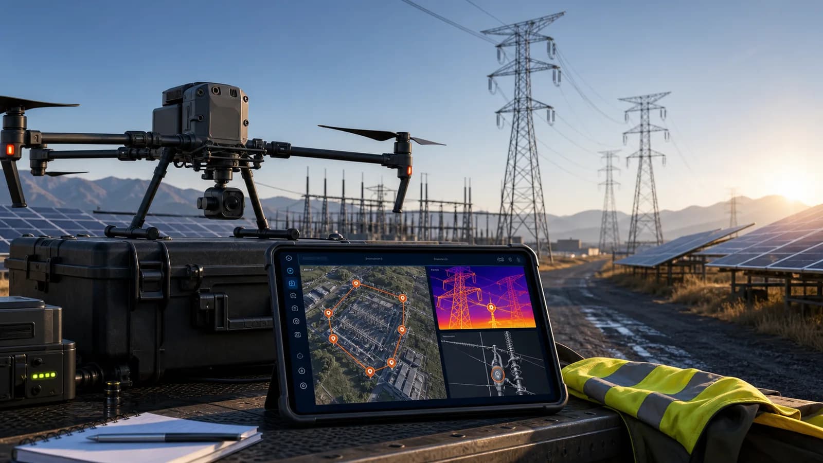 AI-generated enterprise UAV marketing workspace with inspection data, compliance notes, and drone survey outputs