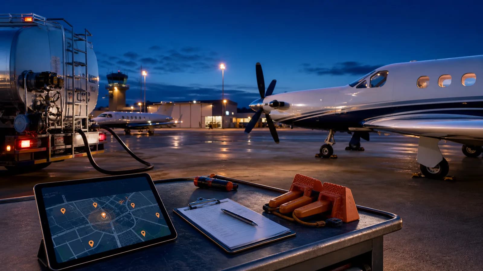 AI-generated FBO marketing workspace with airport ramp planning, fuel notes, and local search data