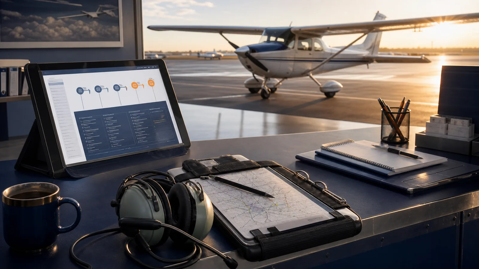 AI-generated flight school results workspace with training aircraft, student funnel notes, and ranking data