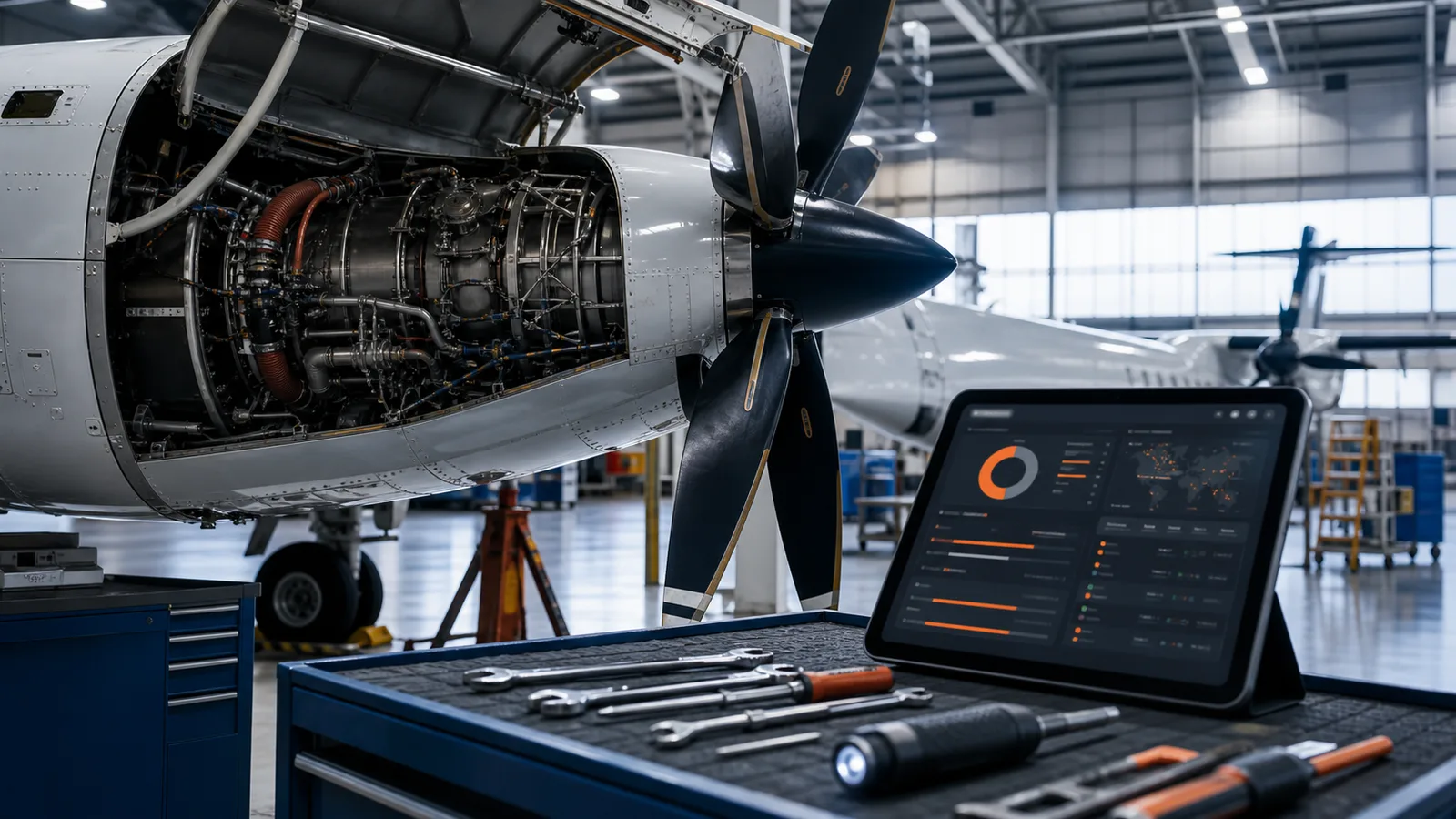 AI-generated Part 145 MRO marketing workspace with maintenance capability notes and aircraft inspection data