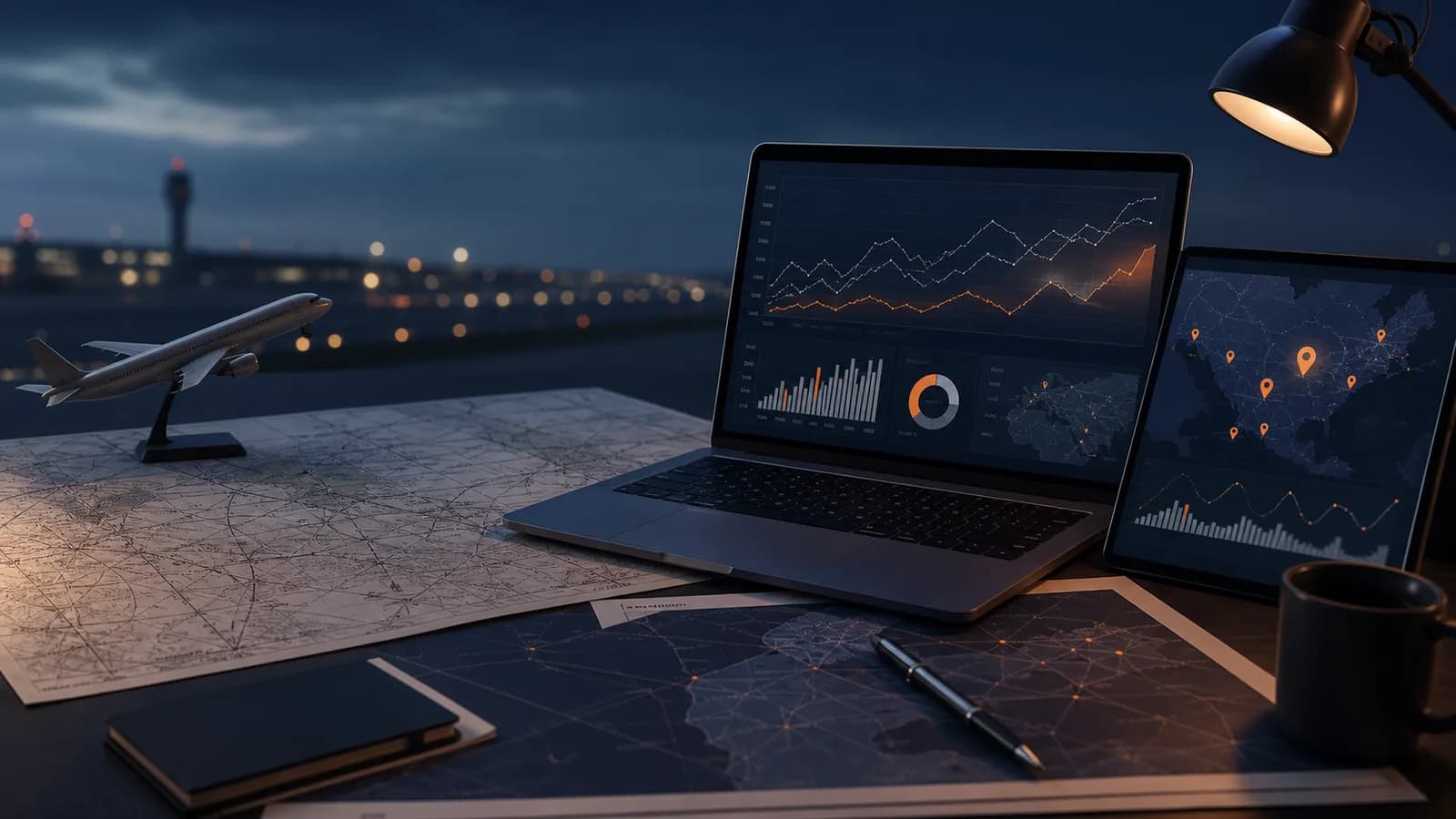 AI-generated aviation SEO dashboard with search clusters, aircraft route maps, and enquiry-path data