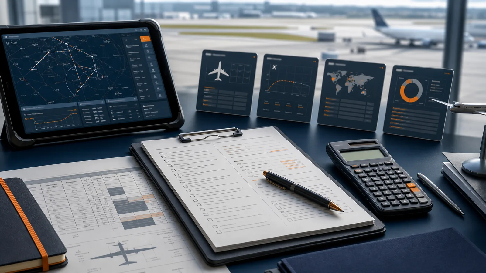 AI-generated aviation website performance dashboard with Core Web Vitals metrics and aircraft interface panels