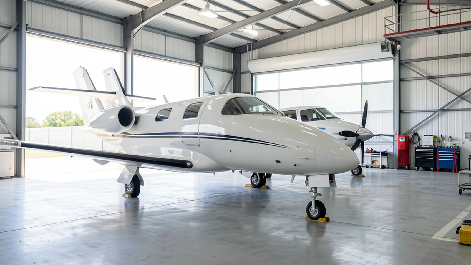 Business aircraft in a clean private hangar prepared for owner-management operations