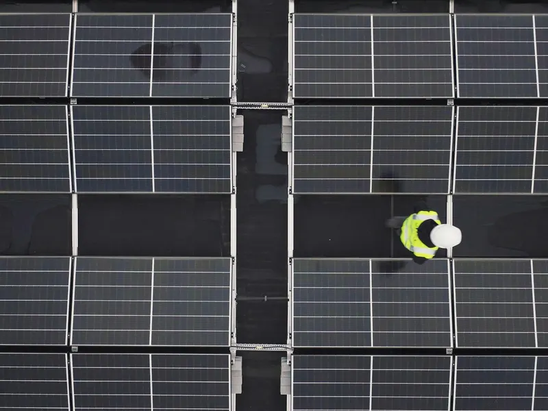 Thermal IR composite of a solar farm with anomaly highlights — orthomosaic deliverable