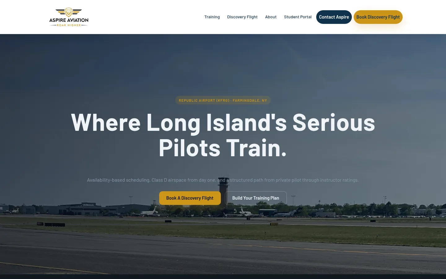 Aspire Aviation flight training homepage — rebuilt by Off The Ground Marketing, showing the "Where Long Island's Serious Pilots Train" hero over Republic Airport with discovery-flight booking CTAs