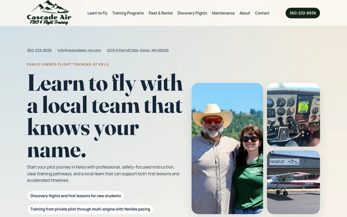 Cascade Air flight school homepage — Astro static site built by Off The Ground Marketing, showing the discovery-flight-led hero and training navigation