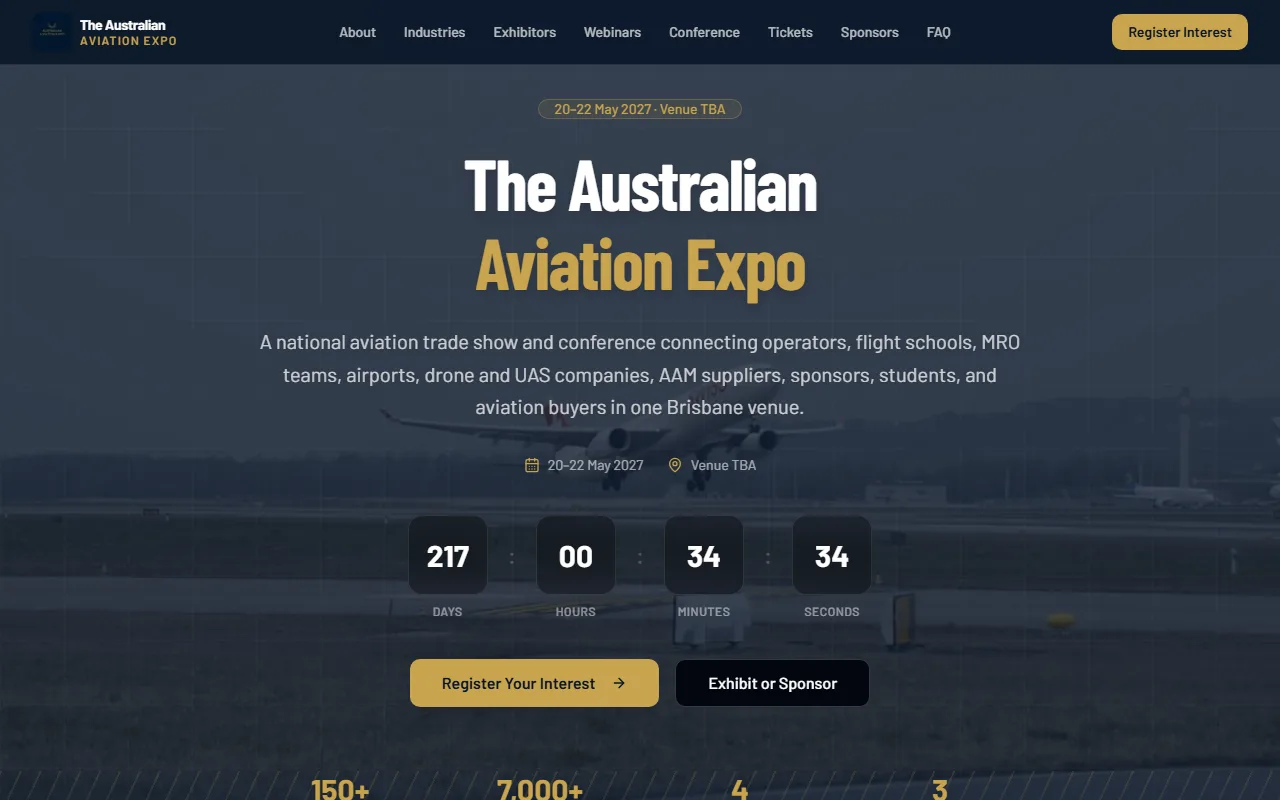 Australian Aviation Expo homepage with venue and event details — Australian Aviation Expo (Australia) aviation marketing case study