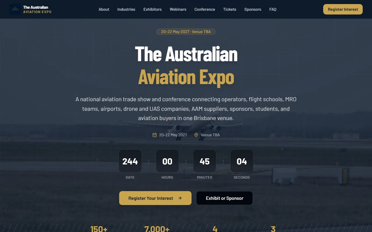 Australian Aviation Expo homepage with venue and event details — Australian Aviation Expo case study