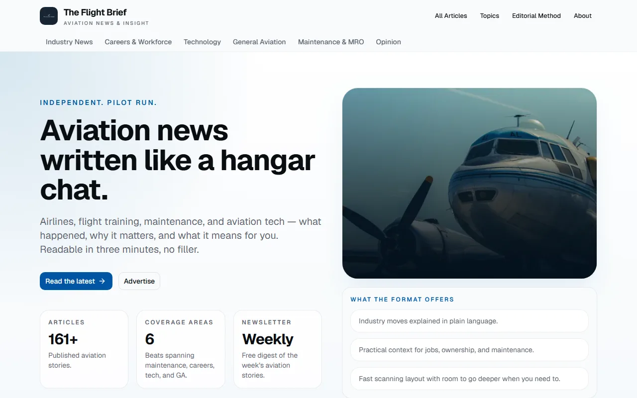 The Flight Brief aviation publication homepage showing current industry headlines — The Flight Brief (Global (50+ countries)) aviation marketing case study