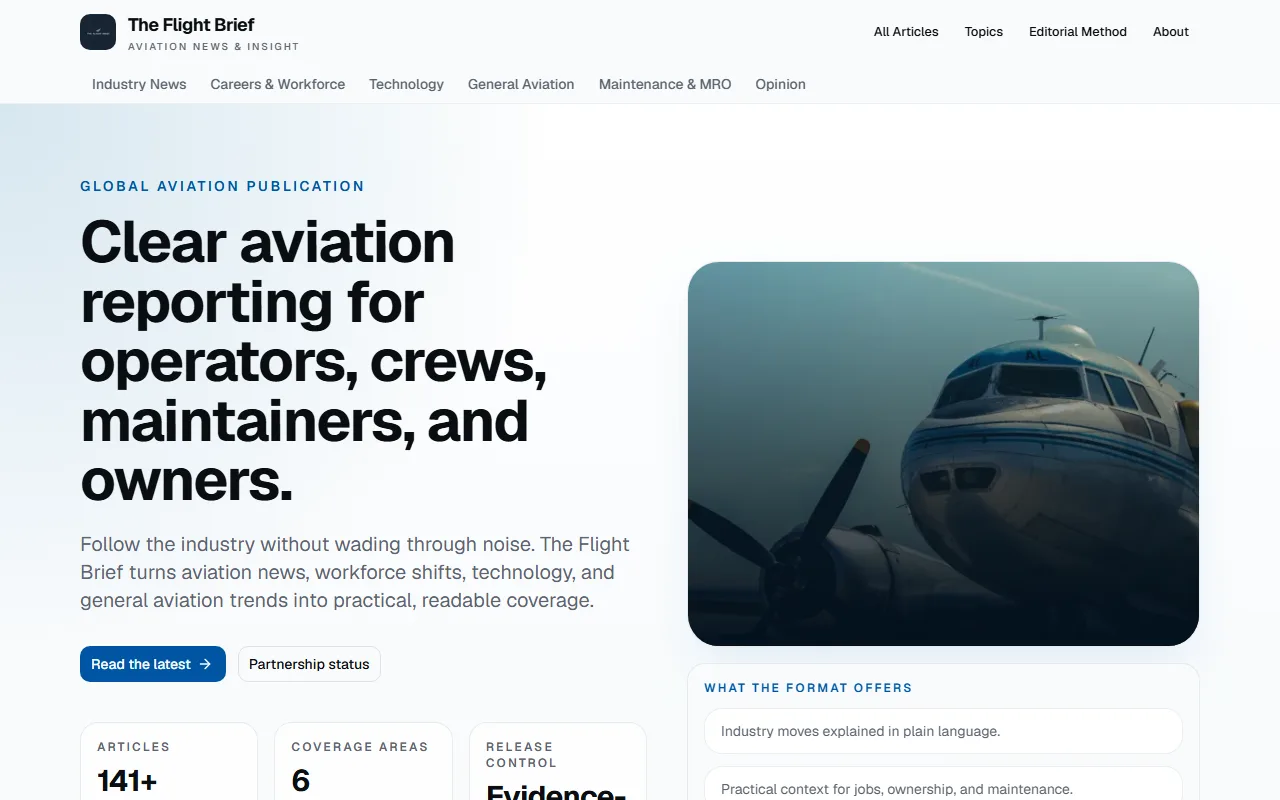 The Flight Brief aviation publication homepage showing current industry headlines — The Flight Brief case study