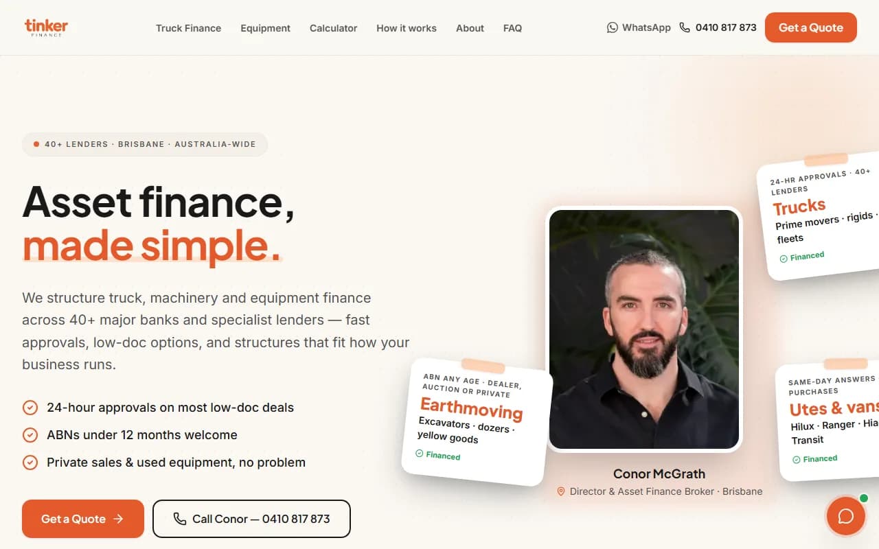 Tinker Finance asset-finance brokerage homepage with quote call-to-action and broker profile — Tinker Finance case study