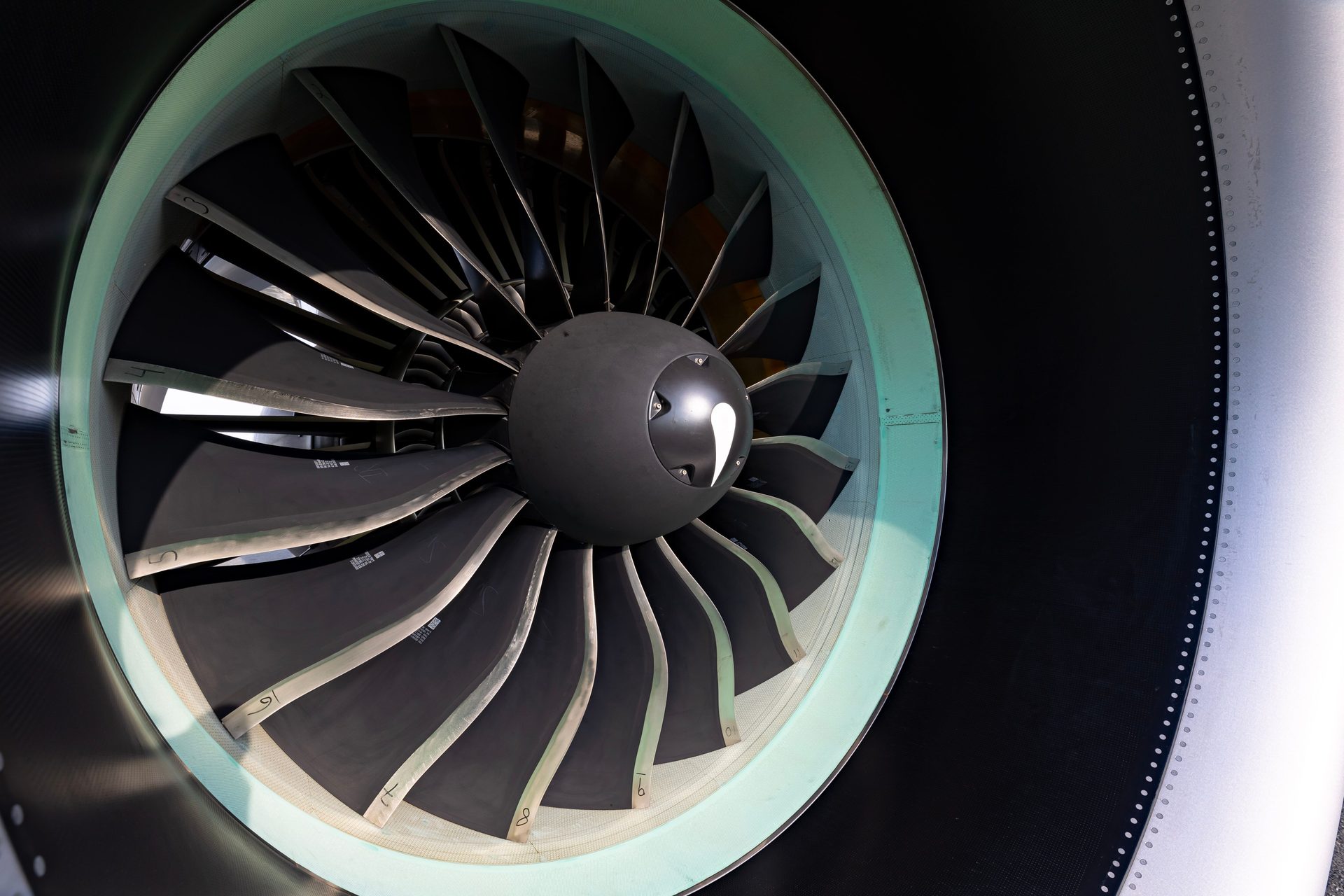 High-bypass turbofan intake showing composite fan blades and spinner detail